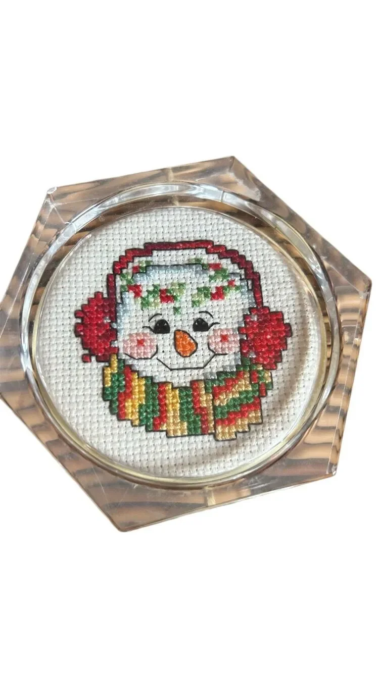Snowmen Acrylic Handmade Cross Stitch Coasters Set of 4